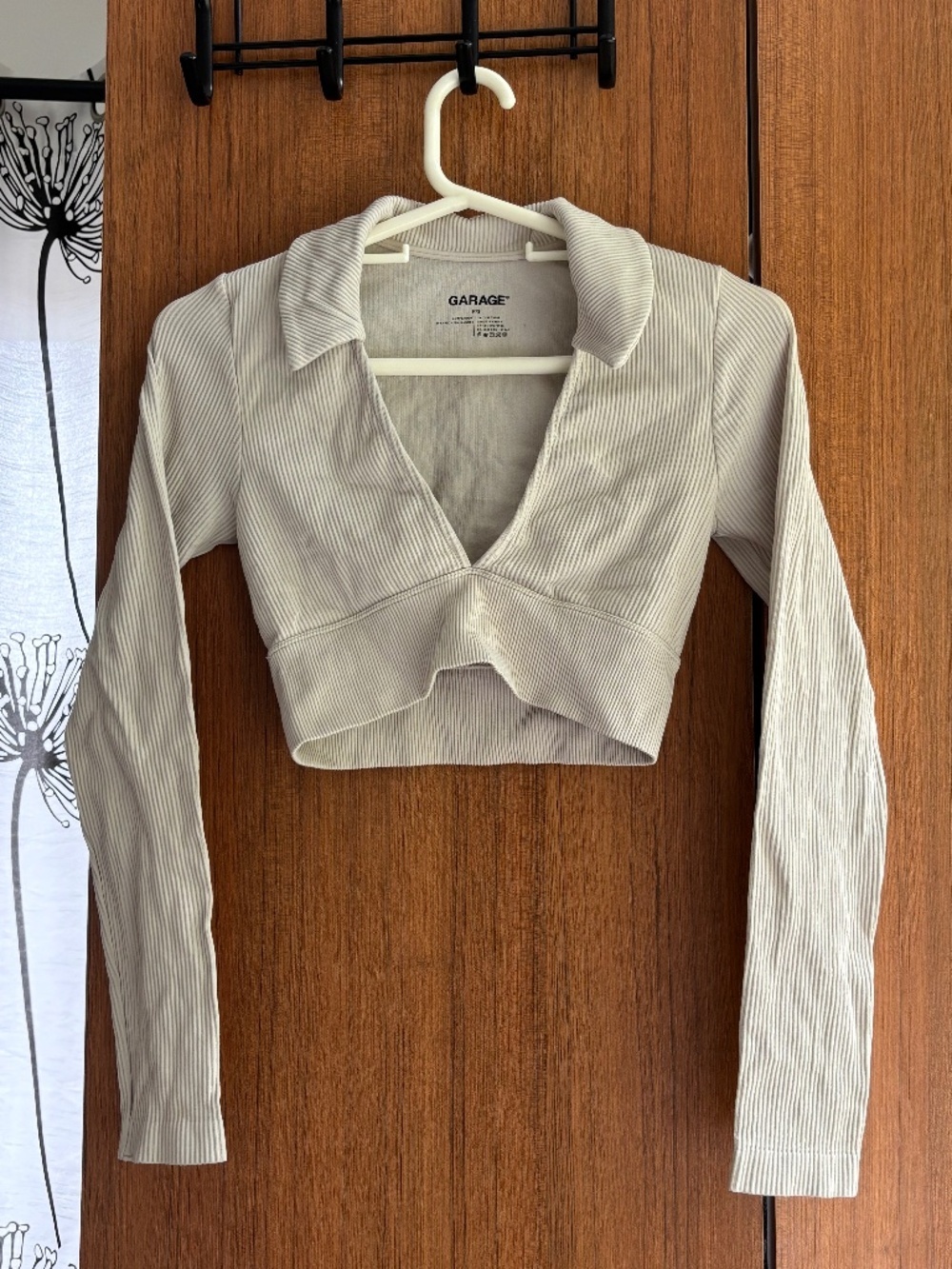 Garage Cream Ribbed Plunging V-Neck Cropped Polo Long Sleeve Top - Size S / P